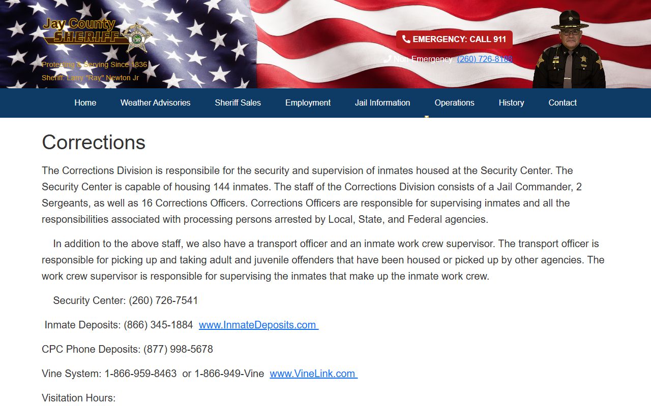 Jay County Security Center corrections page with jail capacity and inmate records details