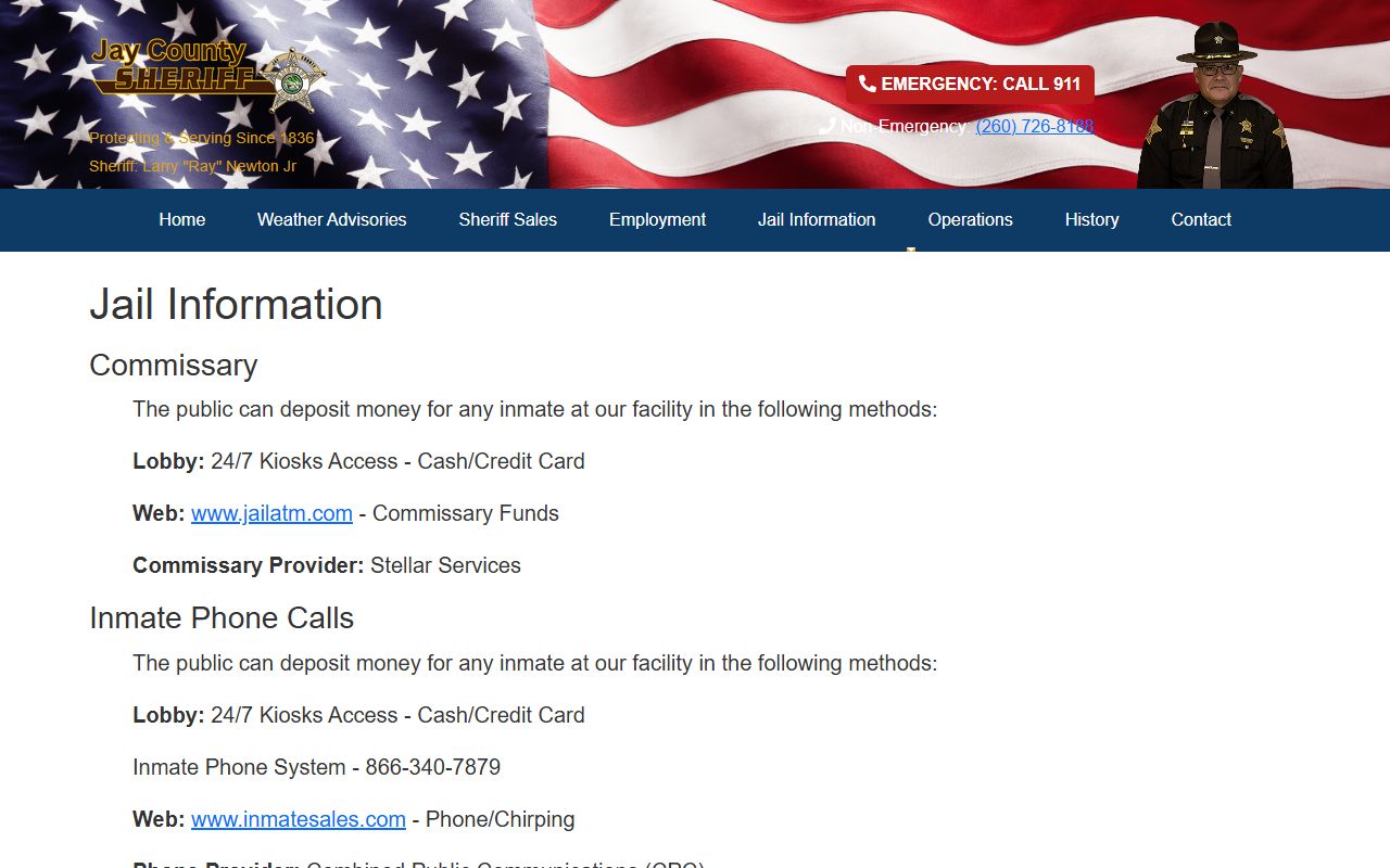 Jay County jail information for inmate visitation and commissary